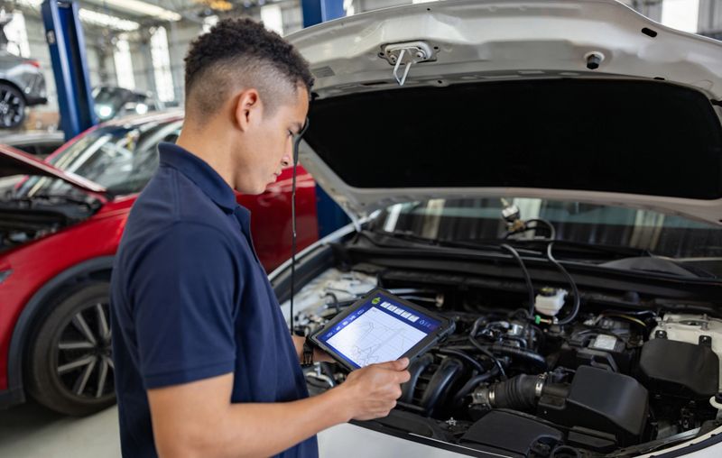 Latin American mechanic using a tablet while looking at a diagnosis on a modern car at an auto repair shop -vehicle breakdown concepts