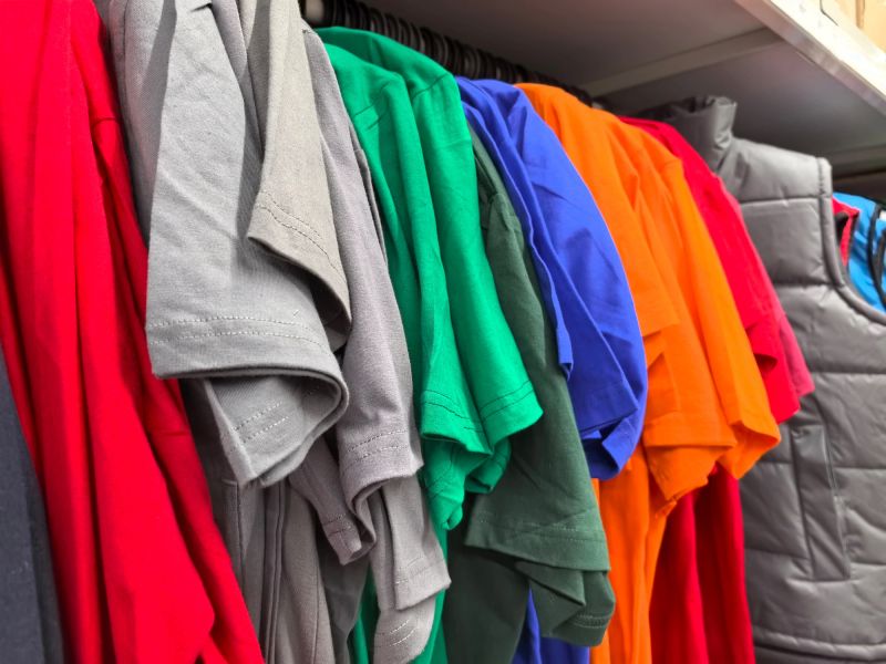A colorful assortment of t-shirts in shades of red, gray, green, orange, and blue hangs neatly on display in a retail store, showcasing various styles for casual wear.