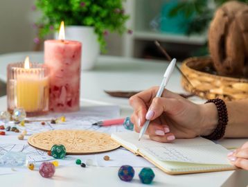 Person writing in a notebook with candles and crystals on a table.