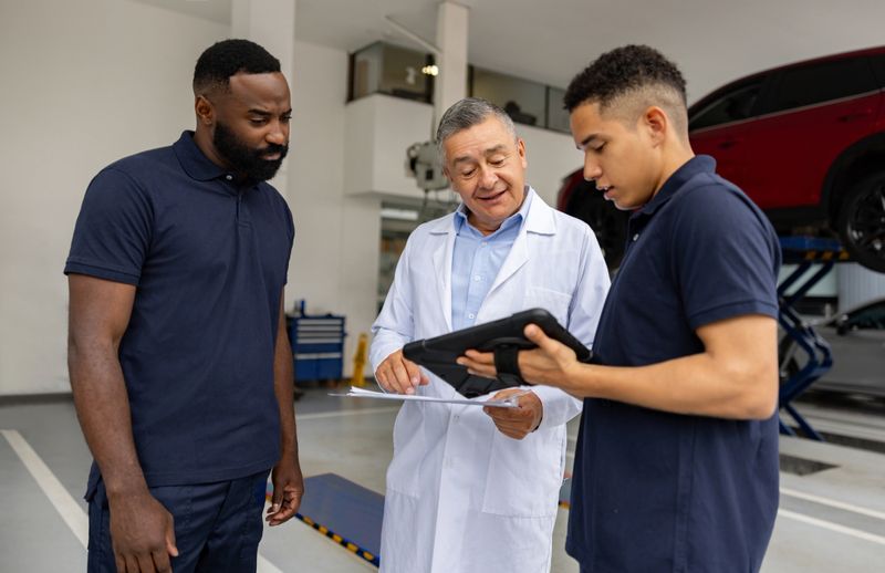 Team of mechanics showing a diagnosis on a tablet to an engineer at an auto repair shop - vehicle breakdown concepts