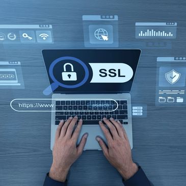 Hands typing on a laptop with SSL security icons and digital interface overlays.