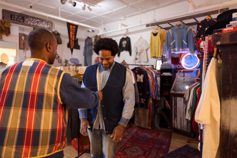 Salesman assisting a customer in trying on a stylish denim vest inside a vintage clothing store filled with unique second-hand finds