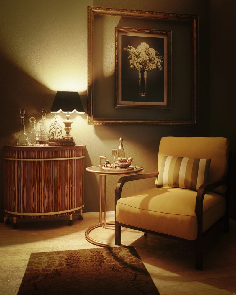 Digitally rendered retro interior setting featuring a comfortable yellow armchair with a striped pillow beside a metallic side table. The ambience is warm, illuminated by a table lamp on a stylish wooden cabinet. A framed artwork of flowers adorns the wall, complementing the cozy atmosphere. The setup exudes comfort and sophistication, inviting relaxation and leisure.
