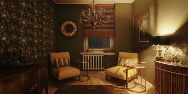 Cozy, warmly lit living room with vintage decor and comfortable armchairs.