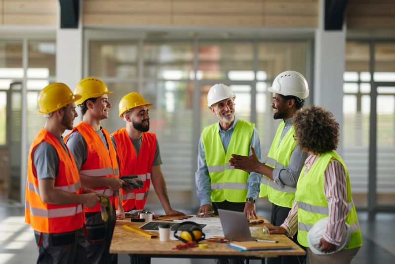 Group of happy manual workers and their project managers talking about plans while working at construction site.
