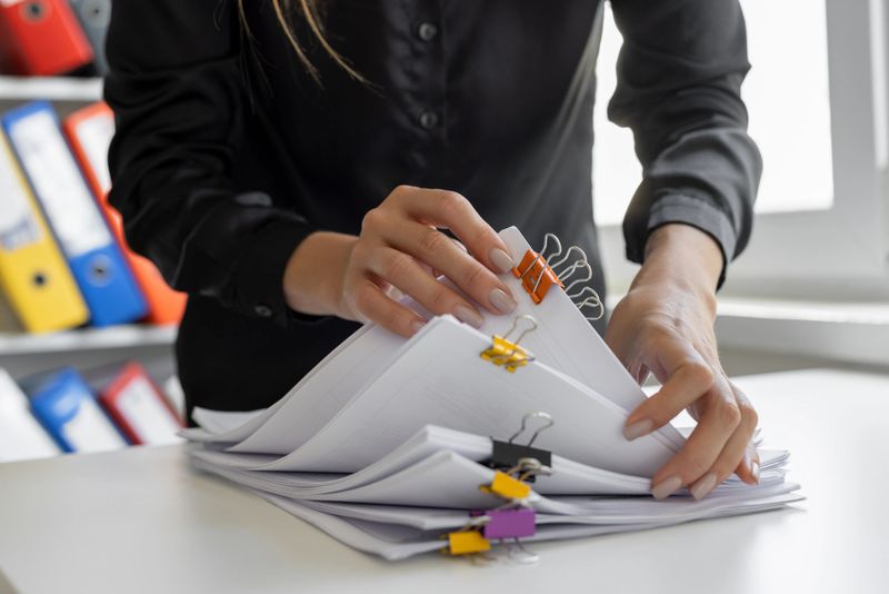 Accountant handling organized financial paperwork and reports