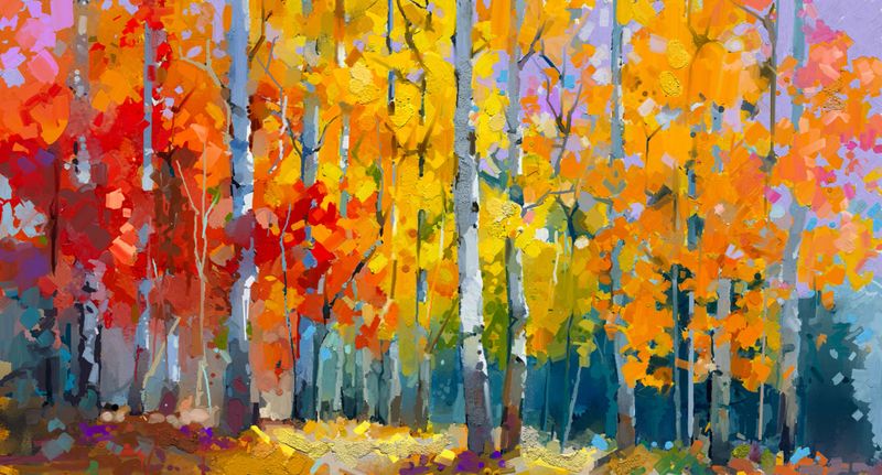 Oil painting landscape, colorful autumn trees. Semi abstract paintings image of forest, aspen tree with yellow, red leaf. Fall season nature background. Hand Painted Impressionist, outdoor landscape