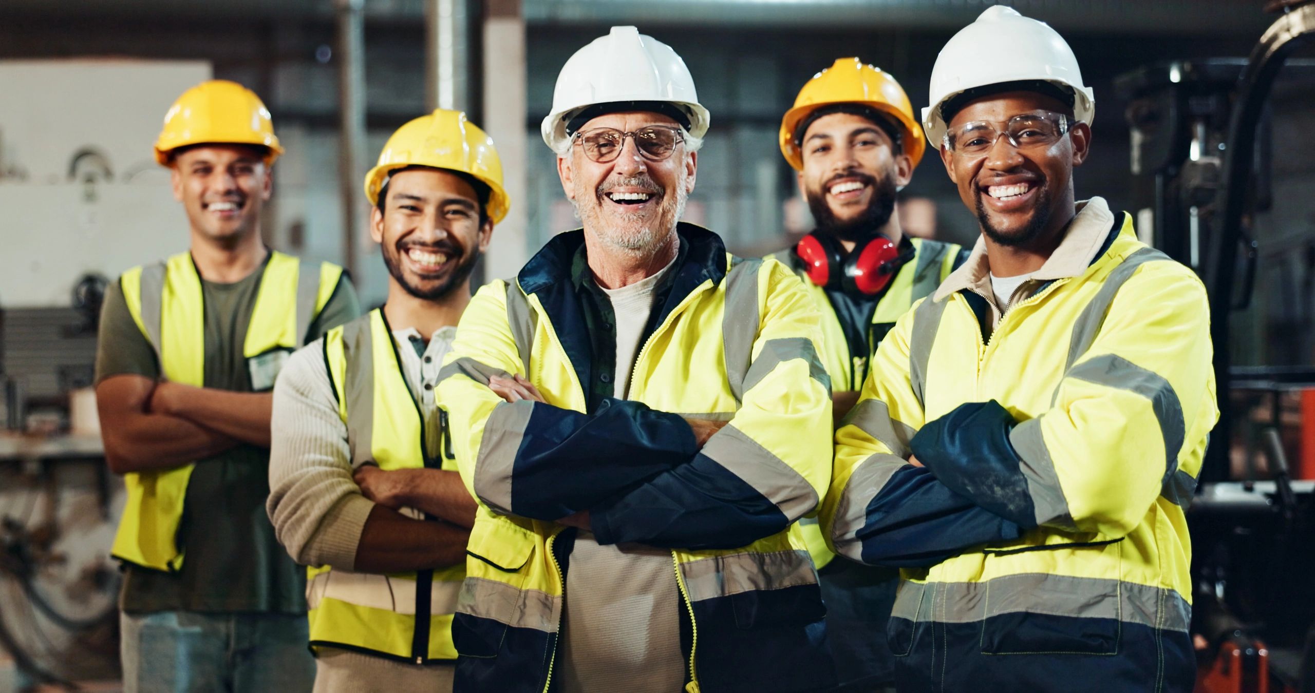 Group of smiling construction workers in safety gear.
