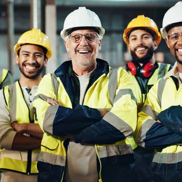 Group of smiling construction workers in safety gear.