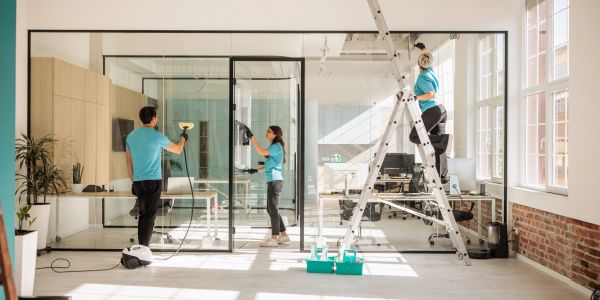 People cleaning office glass walls.