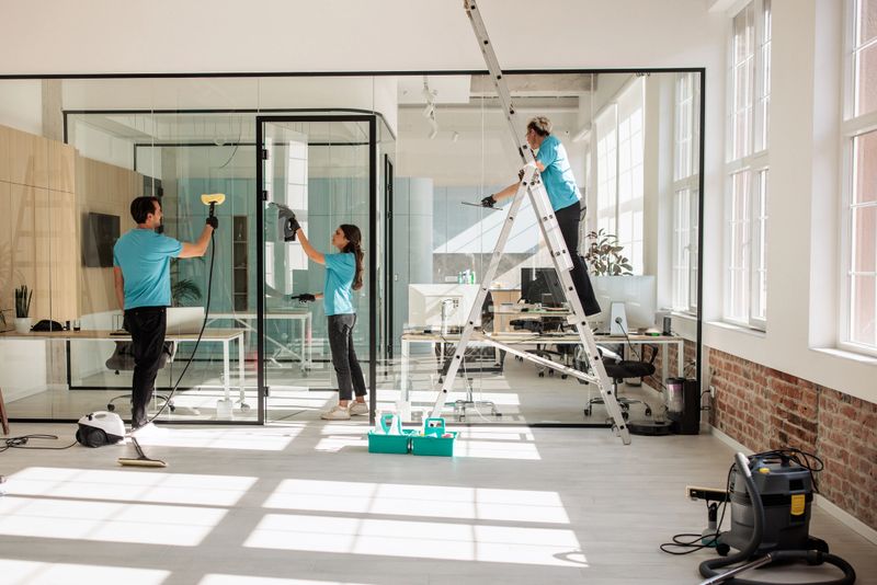 Office cleaning team using tools and equipment to maintain cleanliness in a professional work environment.