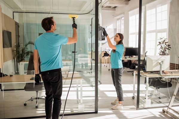 A professional cleaning service with two people cleaning an office, with one person cleaning glass