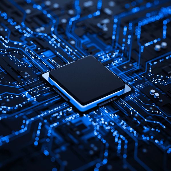 Close-up of a computer microchip with glowing blue circuitry.