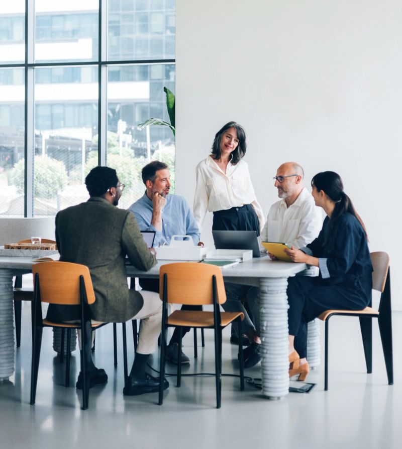 A diverse group of professionals engaging in a collaborative discussion around a table within a modern office environment, fostering teamwork and innovation during a productive business meeting indoors.
