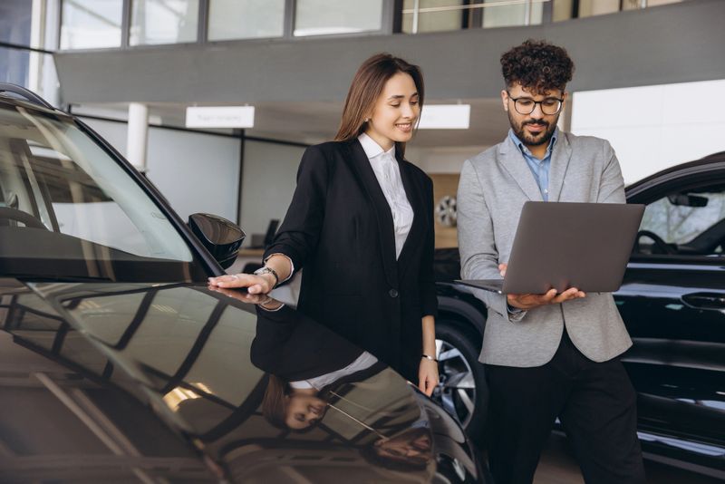 Car salesman explaining features on a laptop to a female customer while discussing the purchase of a new car in the dealership