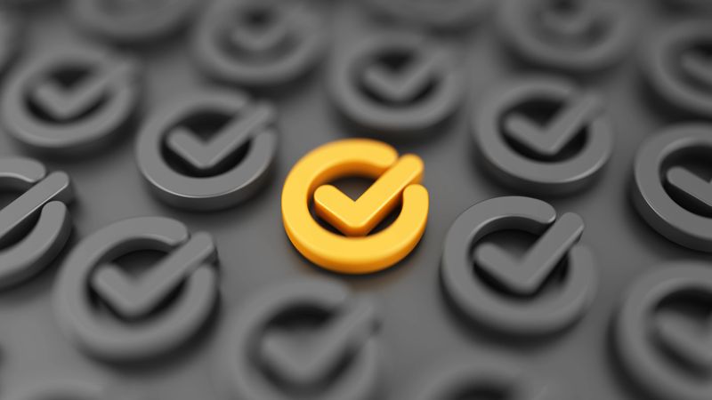 Unique yellow check mark sign. Stand out from the crowd concept. Approved, vote symbol. Correct choice. Validation and verification.