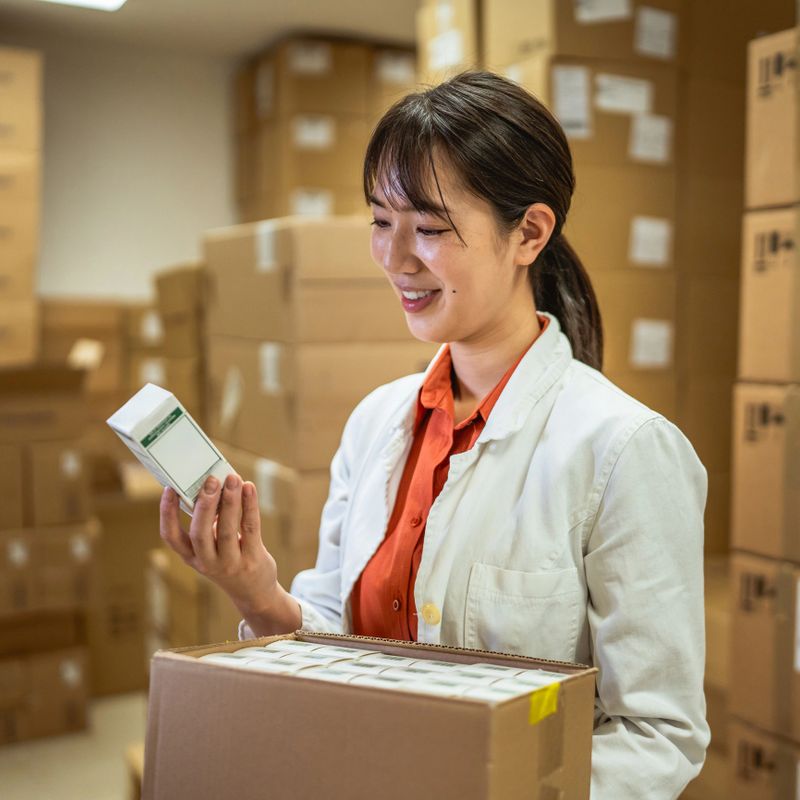 Adult japanese female pharmacist arranges inventory, check medicine, drugs, vitamins on a shelf