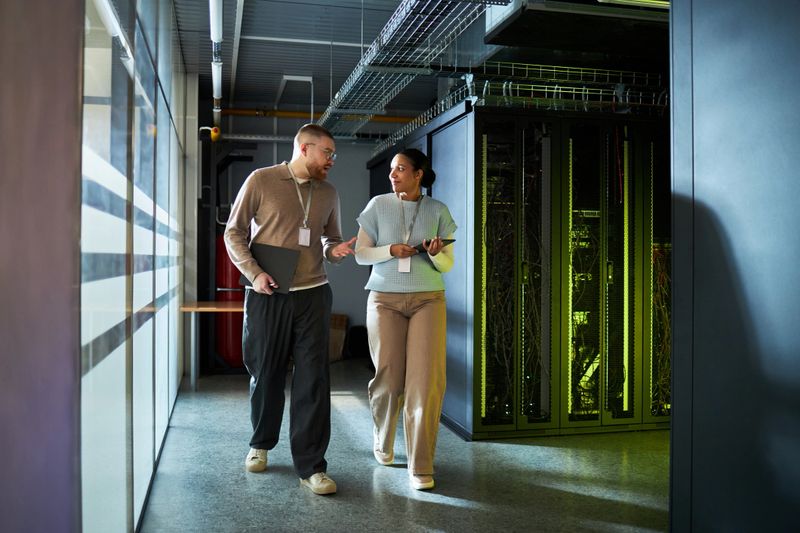 Male and female colleagues engaged in conversation while walking through an IT server room with servers visible in background. He is holding tablet computer
