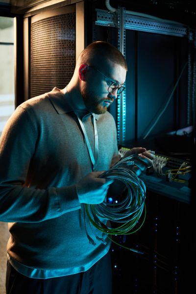 Man handling network cables in a server room.