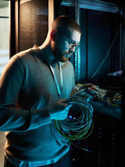 Technician holding network cables in a server room.