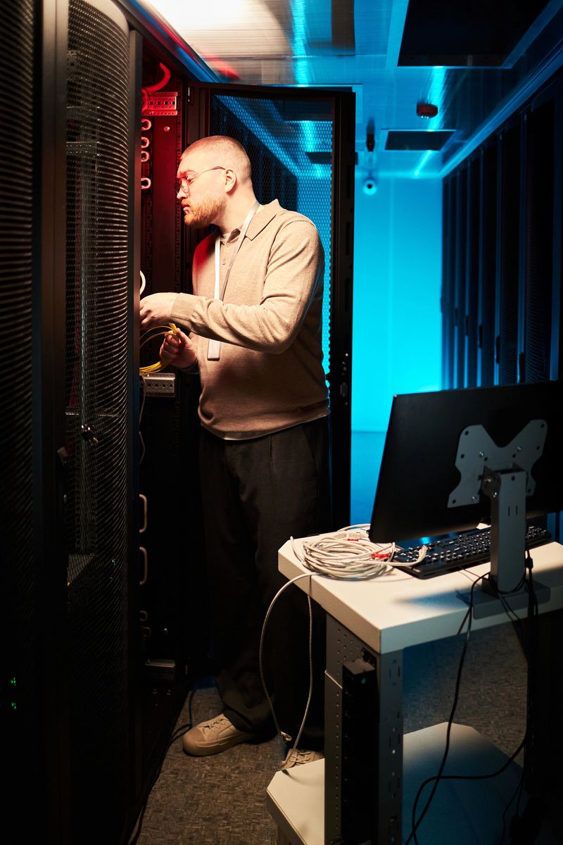Person working in a data center managing servers and equipment Among servers and cables, person maintaining system functionality and performance