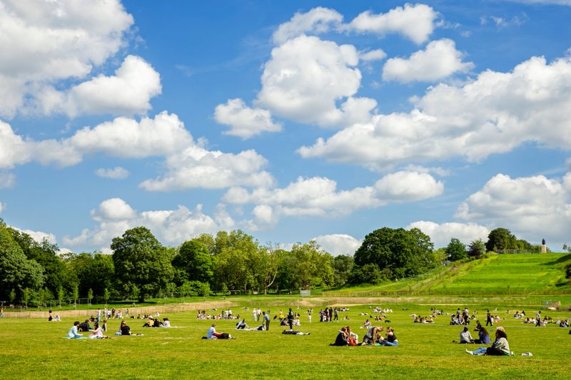 Families, couples and friends enjoy the warm weather, engaging in leisure activities like picnicking and sunbathing.