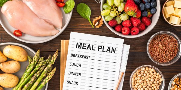 Meal plan sheet surrounded by healthy foods like chicken, vegetables, fruits, and grains.