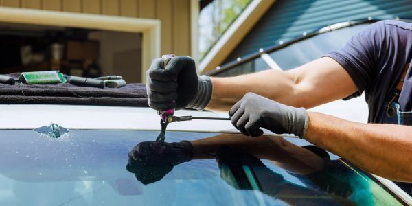 Person repairing a car windshield chip.