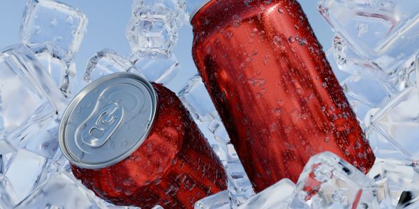 Two cold red soda cans surrounded by ice cubes.