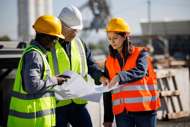 Engineers in safety gear reviewing blueprints at a construction site
