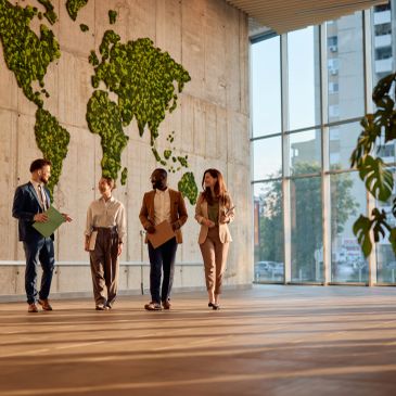 Four diverse professionals walking in a modern office with a green world map on the wall.