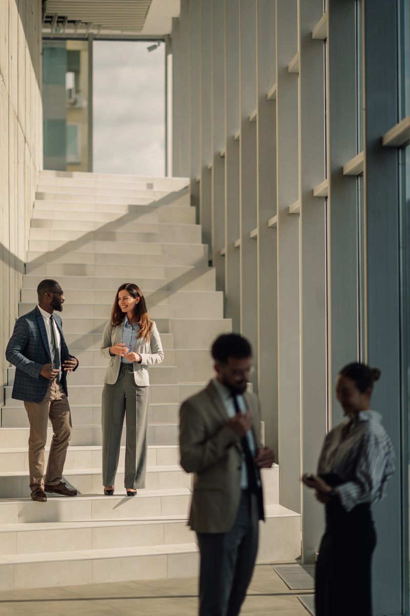 Business partners discussing strategies on the stairs of a modern office building, fostering collaboration and teamwork in a bright, spacious environment