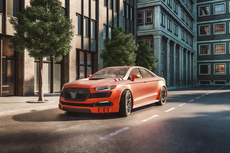 Generic modern car on the street. 3D generated image. Car model is generic and not based on any real (or concept) model/brand.