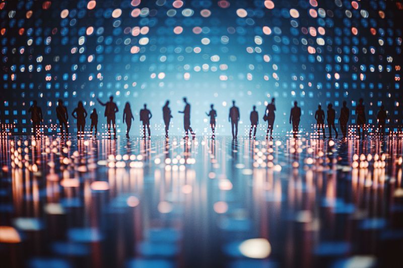 Unrecognizable group of people in VR environment. 3D generated image.