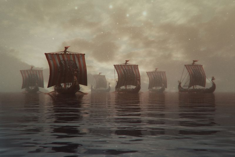 Viking ships sailing at sunset. 3D generated image.