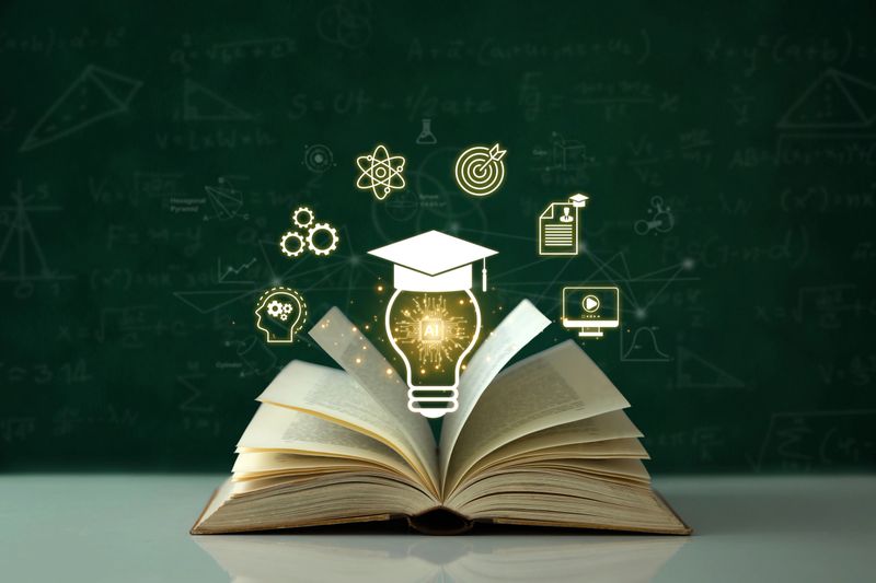 AI Artificial Intelligence for Education technology concept, E-learning technology, light bulb icon on an open book on a blackboard with education icons. online learning, E-book. certificates, webinar