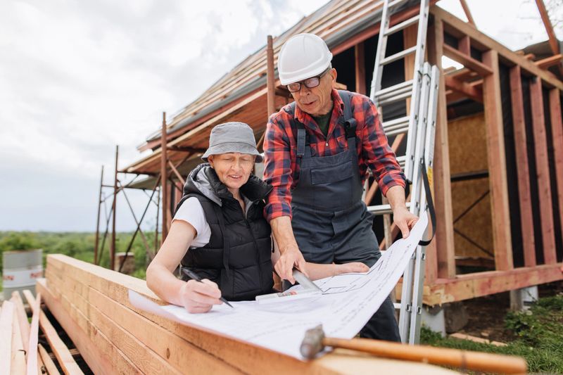 A female engineer and a male construction worker stand amidst the exposed wooden framing of a residential build, intently discussing project details over unfolded blueprints