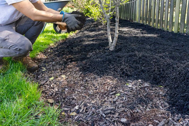 Man tosses handfuls of mulch into a prepared bed