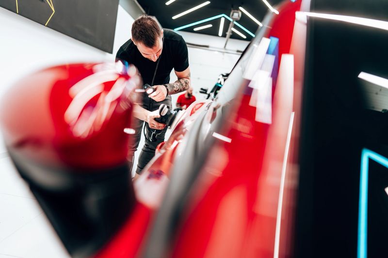Professional vehicle polishing and detailing service in a modern car workshop. Brightly lit workspace with large led lights. High quality car valeting concept.