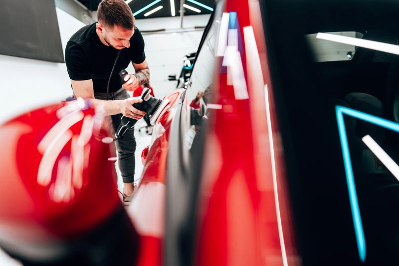 Professional vehicle polishing and detailing service in a modern car workshop. Brightly lit workspace with large led lights. High quality car valeting concept.