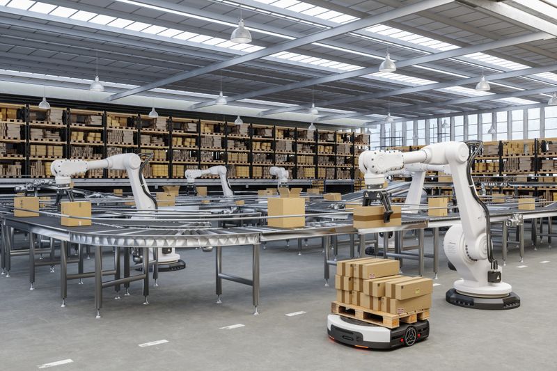 Distribution Warehouse With Automated Guided Vehicles And Robots Working On Conveyor Belt