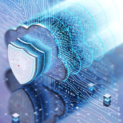 Digital cloud with layered shield symbolizing cybersecurity protection.