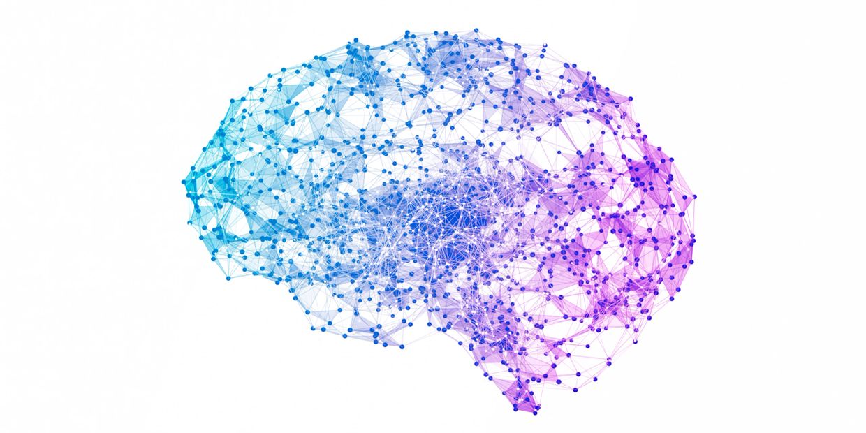 Colorful digital brain network with interconnected nodes and lines.