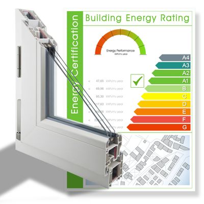 Cross-section of energy-efficient window frame with building energy rating chart.
