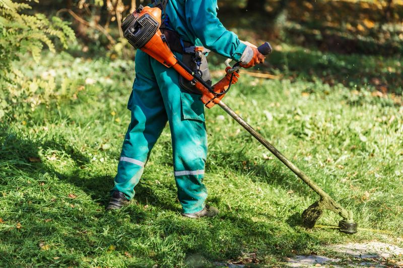 A person in work attire operates a grass trimmer, meticulously cutting grass in a lush park. The sun shines and leaves rustle in the gentle breeze, creating a vibrant atmosphere.