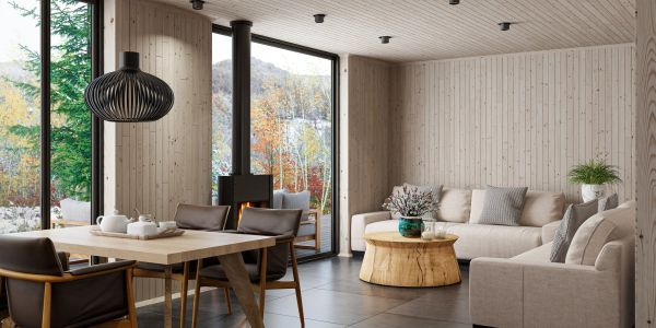 Modern living room with wood-paneled walls and large windows.