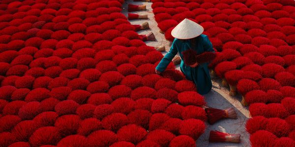 Person arranging bundles of red incense sticks outdoors.