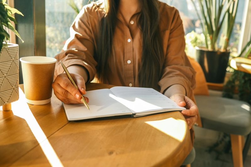 Woman writing in open planner at sunny cafÃ© table with takeaway coffee cup and houseplants, wearing brown shirt, natural light coming through large window.