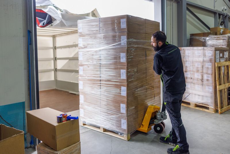 Man using pallet jack in the distribution warehouse, pushing stacked goods on a pallet to the loading dock with open truck rear end