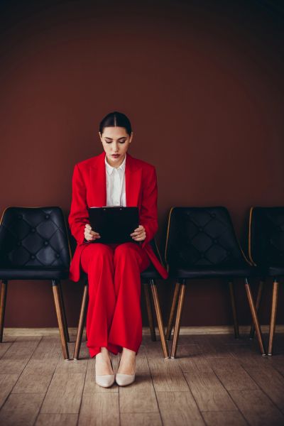 Woman in red suit sitting and reading clipboard.
